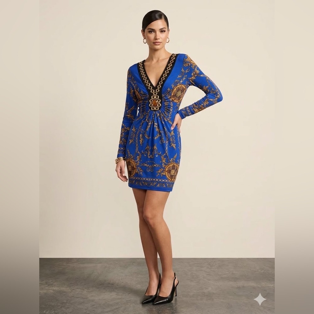 VNTG Y2k Va Va Voom Blue Beaded  baroque chain-link Long Sleeve Dress Large